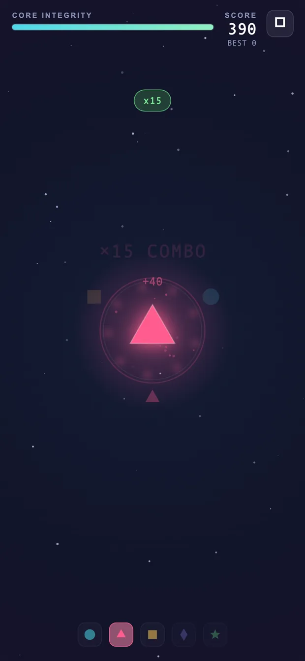 Vertex gameplay: a pink triangle core detonating a fifteen-times combo.