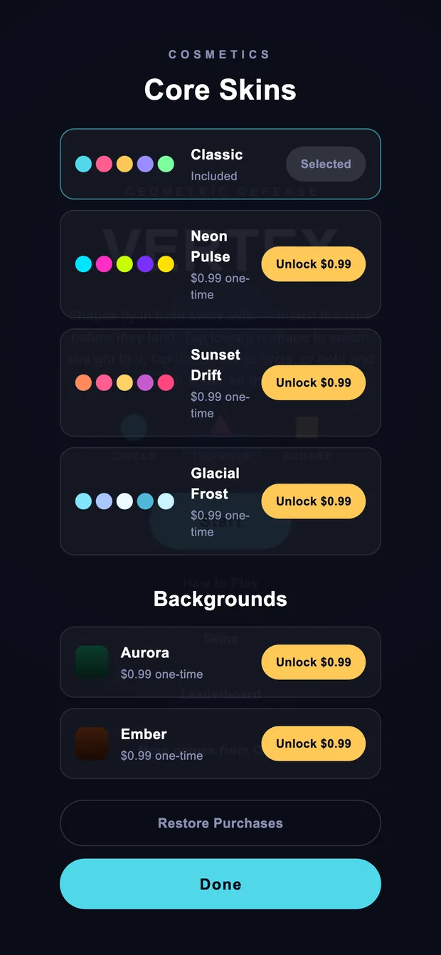 Vertex cosmetics screen listing unlockable core skins and background themes.