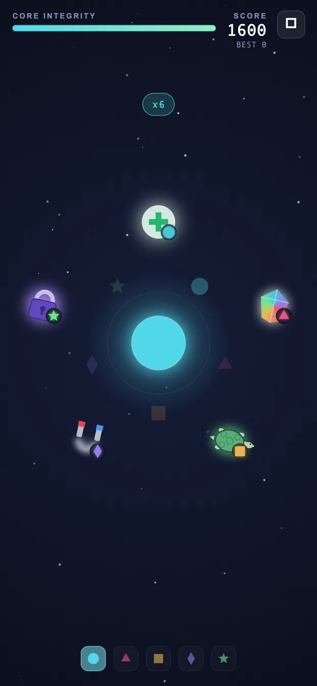 Vertex gameplay: bombs, padlocks, prisms and repair pickups converging on the glowing core at once.